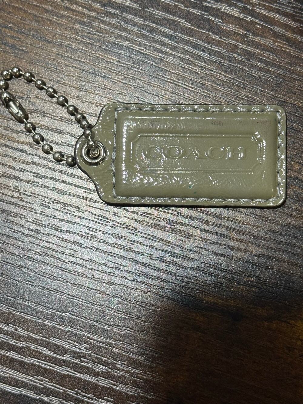 Coach Metallic Olive Grey Patent Leather Hangtag Keychain Frame Logo